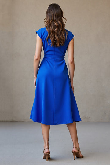 Royal Blue V-Neck Cap Sleeves A Line Maxi Work Dress with Belt